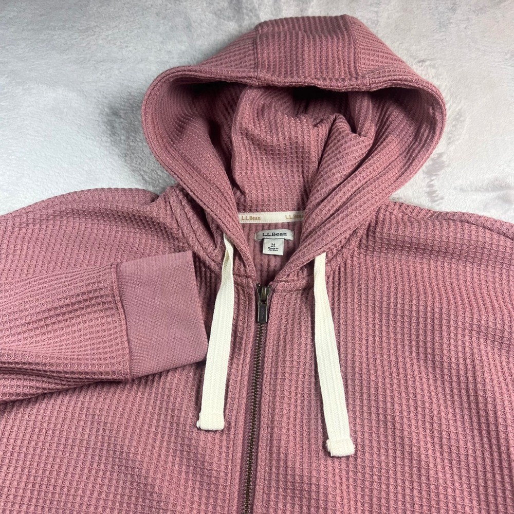 L.L.Bean Women's M Full Zip Hoodie Mauve Pink Waffle Knit Thermal 517785